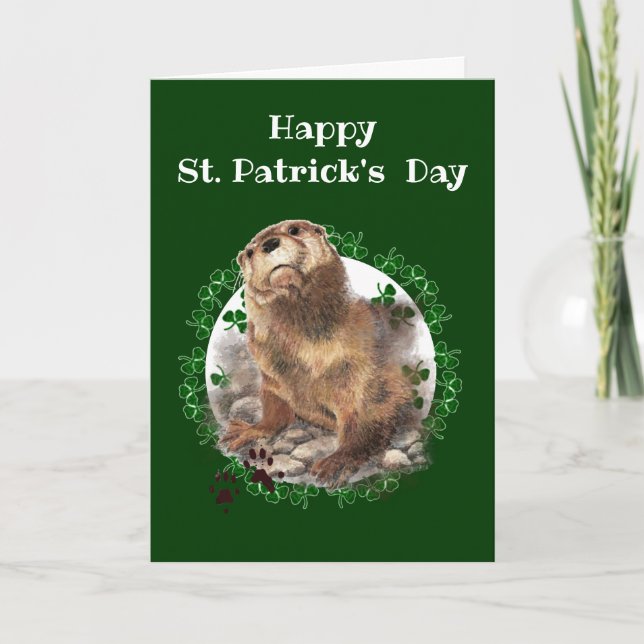 Tarjeta Feliz Día de San Patricio Shamrock Otter Animal di (Anverso)