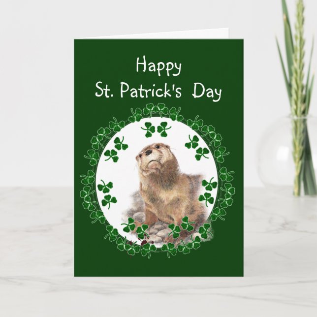 Tarjeta Feliz Día de San Patricio Shamrock Otter Animal di (Anverso)