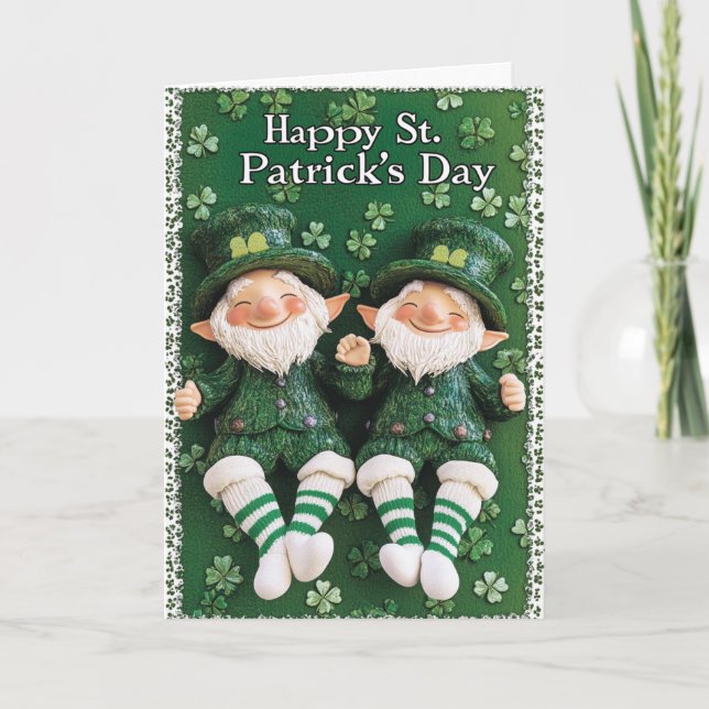 Tarjeta Feliz día de San Patricio y dos duendes (Anverso)
