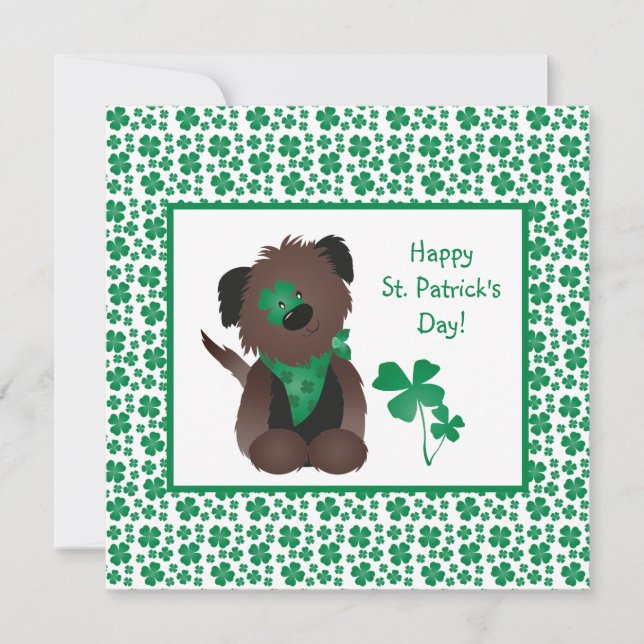 Tarjeta Feliz Día de San Patrón Perro Cuatro Hojas Verde (Anverso)