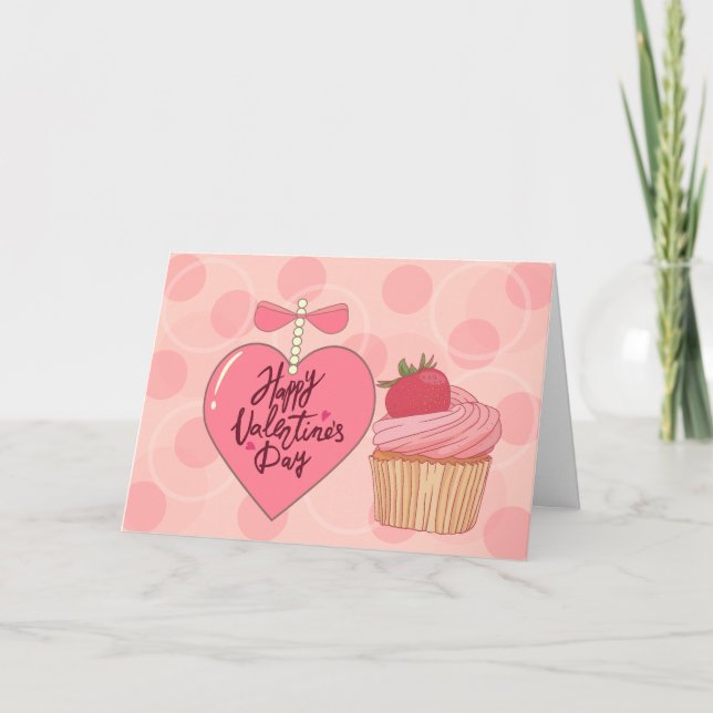 Tarjeta Feliz día de San Valentín Cupcake de Fresa (Anverso)