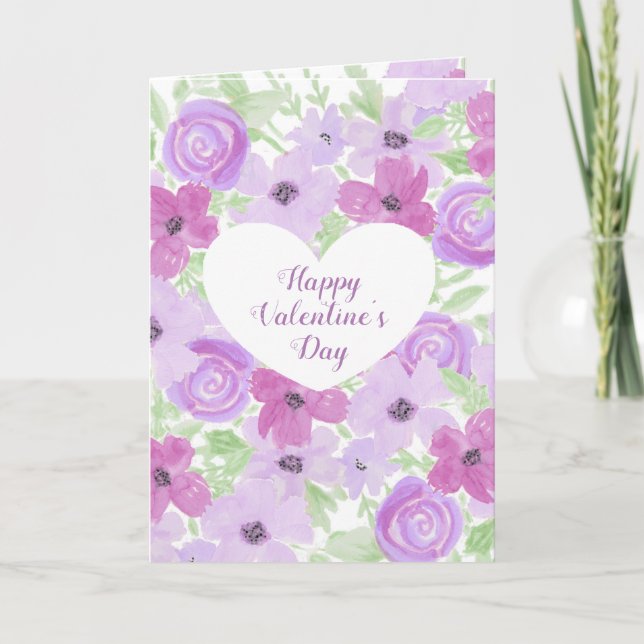 Tarjeta Feliz día de San Valentín hermosas flores moradas (Anverso)