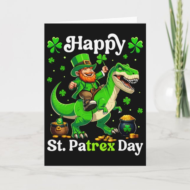 Tarjeta Feliz día de St Pat-rex St Patricks Day Leprechaun (Anverso)