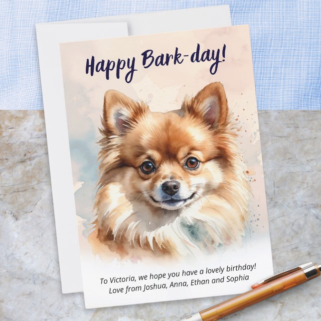 Tarjeta Feliz Día del Barco Acuarela Pomerania (A birthday card with picture of a Pomeranian dog, with 'Happy Bark-day!" greeting and custom text)