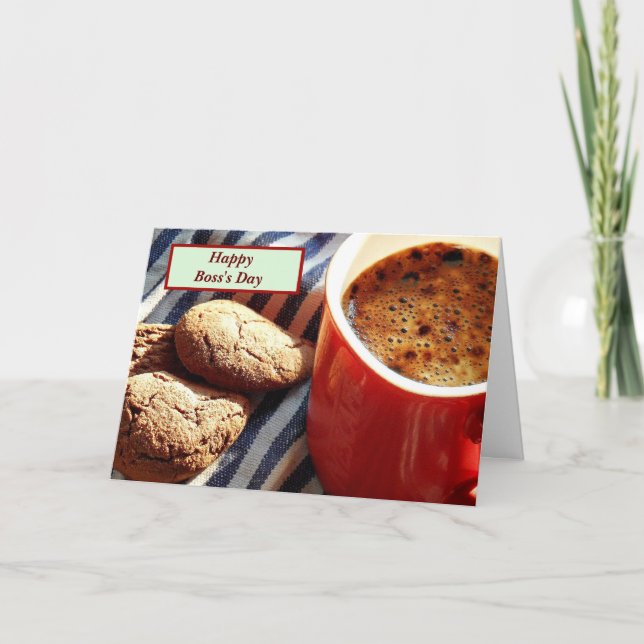 Tarjeta Feliz Día del Jefe con café y galletas (Anverso)
