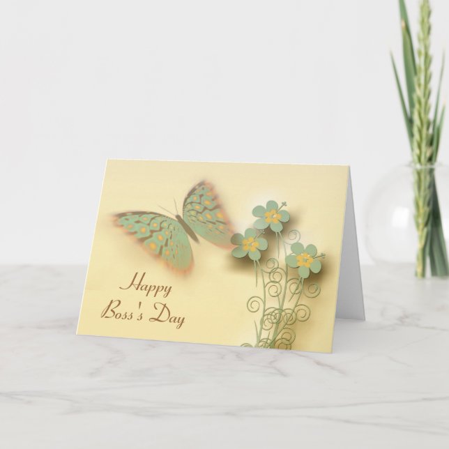 Tarjeta Feliz Día del Jefe con mariposa y flores (Anverso)