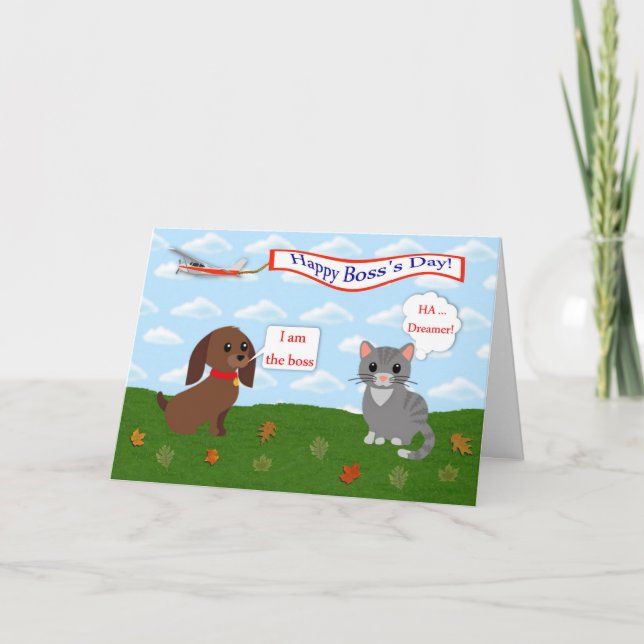 Tarjeta Feliz Día del Jefe con pancarta de gato, perro y a (Anverso)