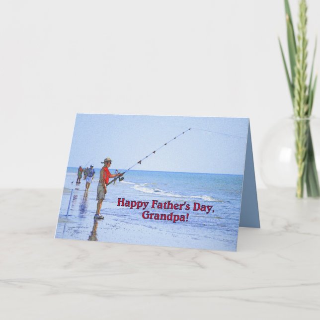 Tarjeta Feliz Día del Padre, abuelo, pesca en la playa (Anverso)