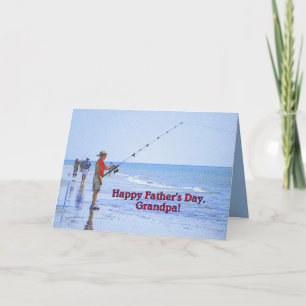 Tarjeta Feliz Día del Padre, abuelo, pesca en la playa