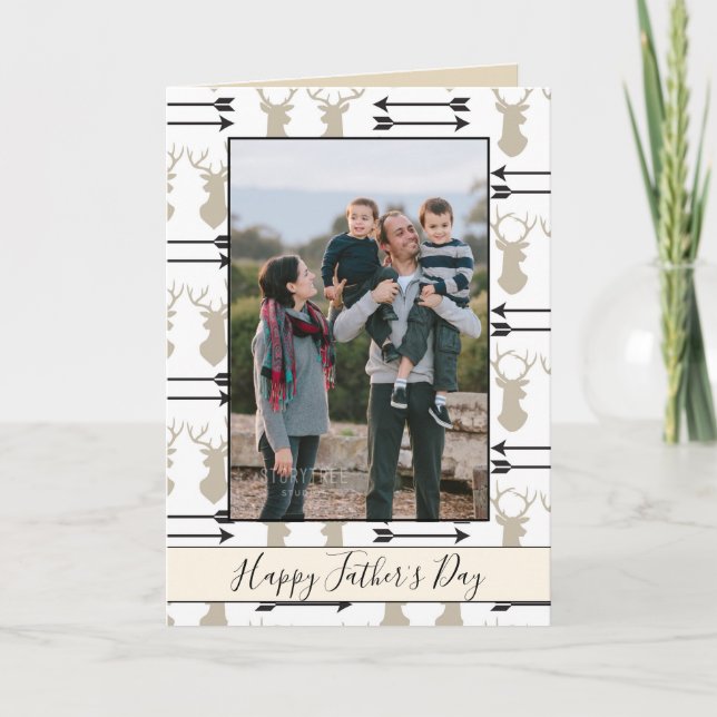 Tarjeta Feliz Día del Padre, cabeza de ciervo y foto de fl (Anverso)