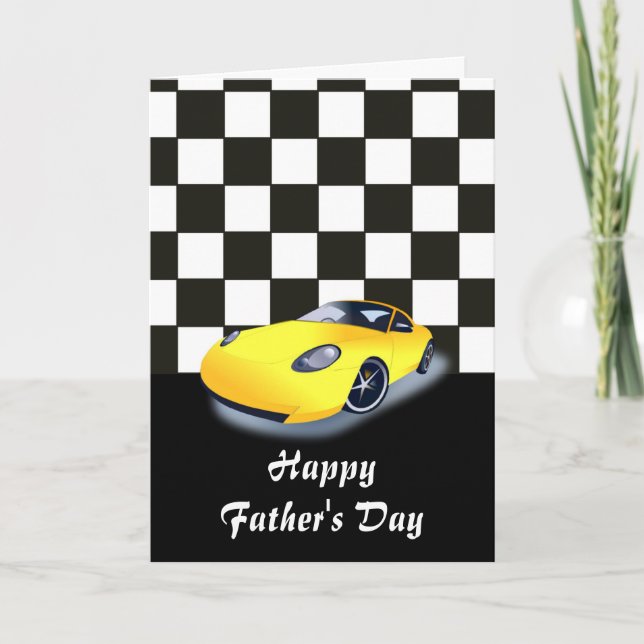 Tarjeta Feliz Día del Padre con coche de carreras a papá (Anverso)