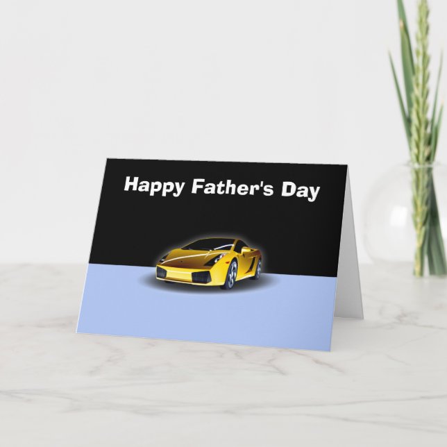 Tarjeta Feliz Día del Padre con coche de carreras amarilla (Anverso)