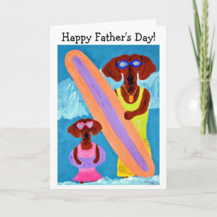 Tarjeta Feliz Día del Padre Dachshund surfista con cachorr