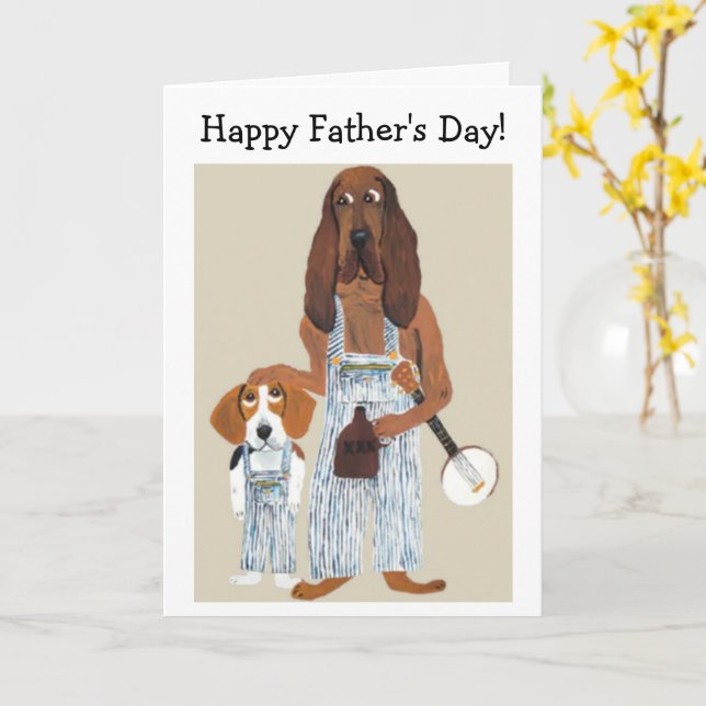 Tarjeta Feliz Día del Padre Moonshiner Hound y cachorro Be (flor amarilla)