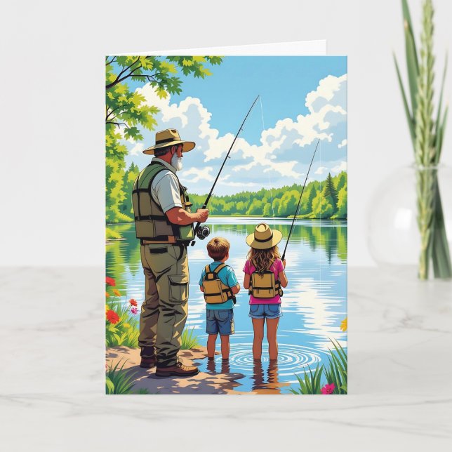Tarjeta Feliz Día del Padre | Papá pescando con niños (Anverso)