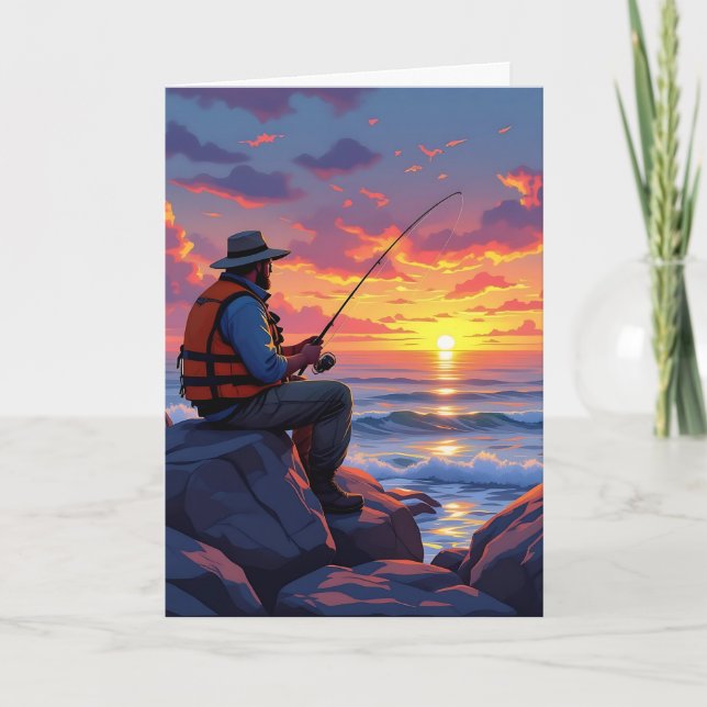 Tarjeta Feliz Día del Padre pescando al atardecer (Anverso)