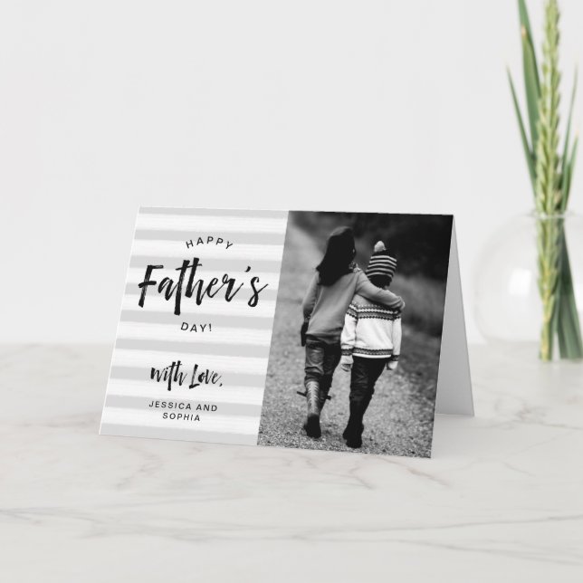 Tarjeta Feliz Día del Padre | Rayas grises y tu foto (Anverso)
