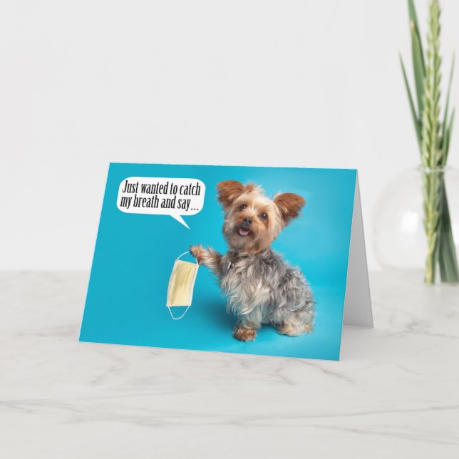 Tarjeta Feliz Día del Padre Yorkie con humor de máscara fa (Anverso)