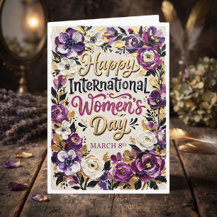 Tarjeta Feliz Día Internacional de la Mujer Flores Purpu