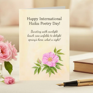 Tarjeta Feliz Día Internacional de la Poesía Haiku Rosa de