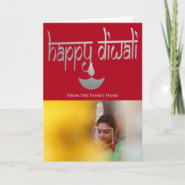 Tarjeta Feliz Diwali Foto Personalizada Plata Y Rojo (Anverso)
