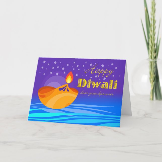 Tarjeta Feliz Diwali para abuelos, diyas y estrellas (Anverso)