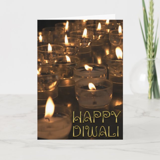 Tarjeta Feliz Diwali Tirpografía Dorada Velas Luces (Anverso)