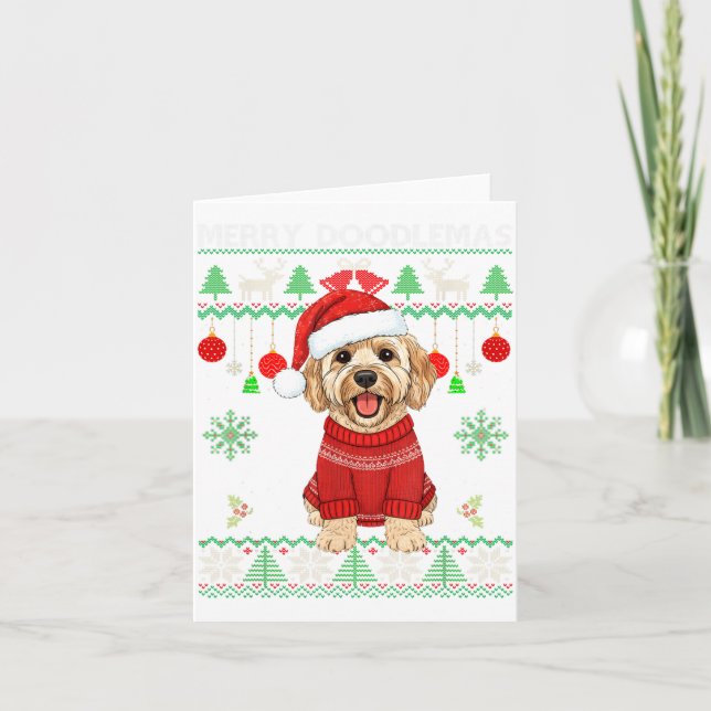 Tarjeta Feliz Doodlemas Goldendoodle con su suéter feo de  (Anverso)