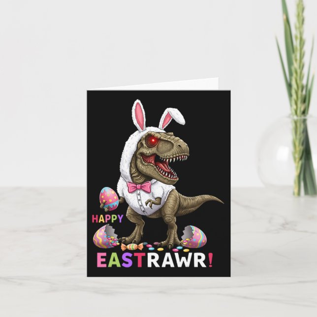 Tarjeta Feliz Eastrawar T Rex Dinosaur Easter Bunny Candy  (Anverso)