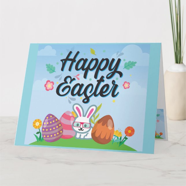 Tarjeta Feliz Eggys de Pascua Bunny & Flowers (Anverso)