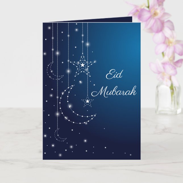 Tarjeta Feliz Eid Mubarak esparcen estrellas de luna blanc (Orquídea)