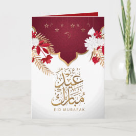Tarjeta Feliz Eid Mubarak Floral blanca y roja