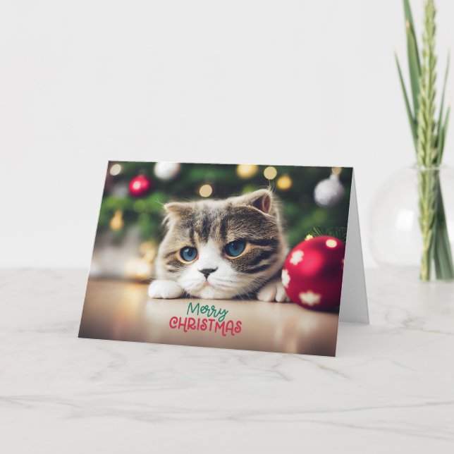 Tarjeta Feliz felino de Navidad con ojos azules (Anverso)