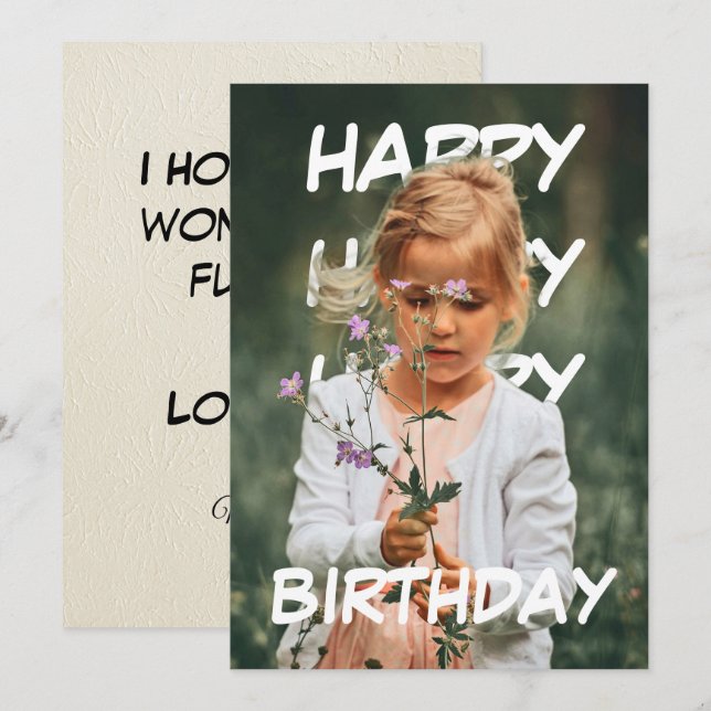 Tarjeta Feliz, Feliz, Feliz Cumpleaños texto detrás de la  (Anverso / Reverso)