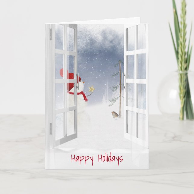 Tarjeta Feliz feriado de nieve en la ventana (Anverso)