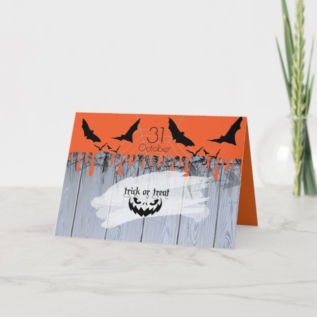 Tarjeta Feliz Fiesta de Halloween "Trate o Truco" (Anverso)