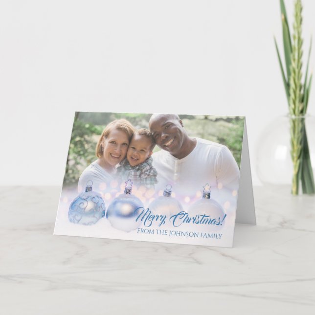 Tarjeta Feliz foto de la familia navideña con baubles (Anverso)