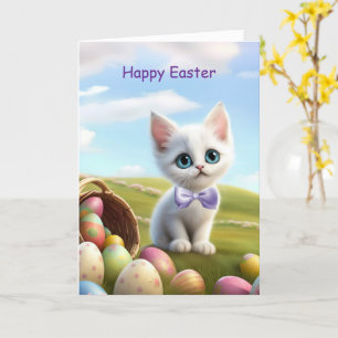 Tarjeta Feliz gatito de Pascua con cesta de Pascua