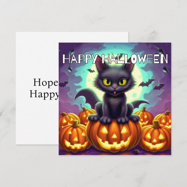 Tarjeta Feliz Gato de Black Bat de Halloween (Anverso / Reverso)