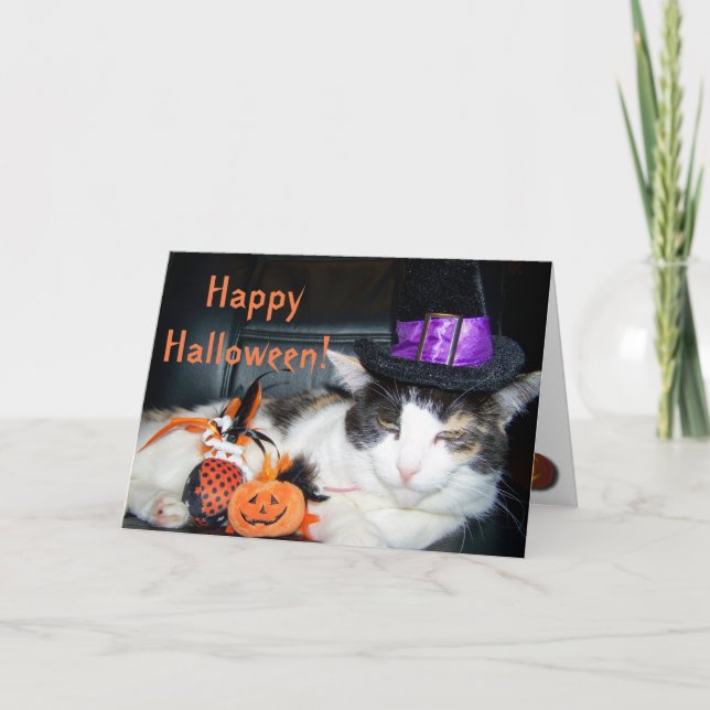 Tarjeta Feliz Gato de Brujas de Halloween (Anverso)