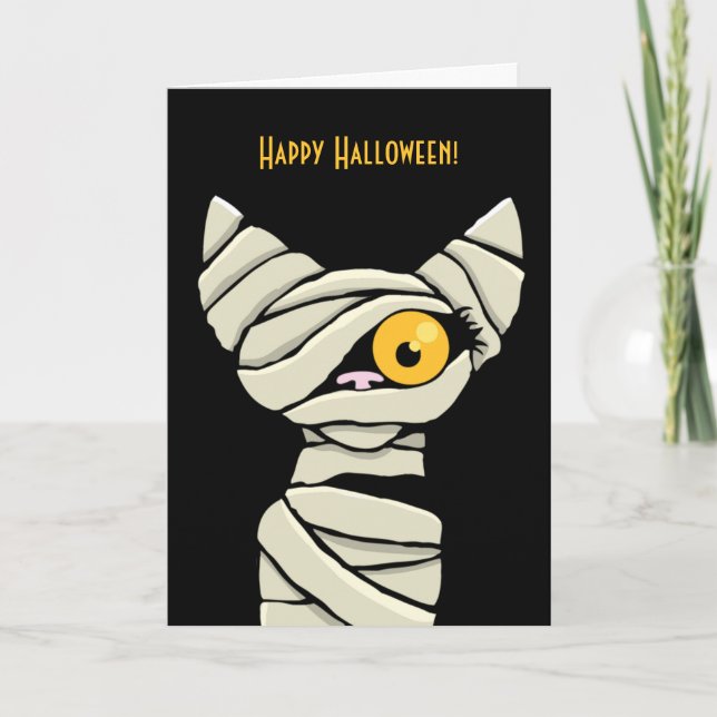 Tarjeta Feliz Gato de Halloween Mummy (Anverso)
