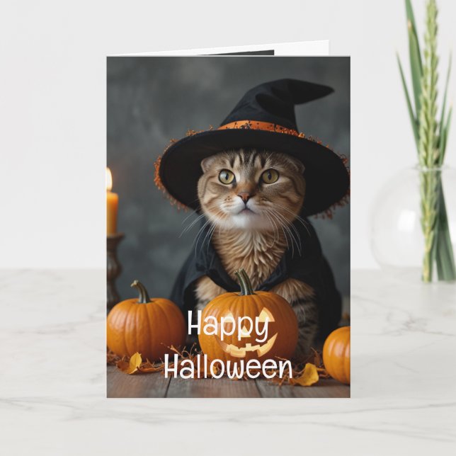 Tarjeta Feliz Gato Negro de Halloween (Anverso)