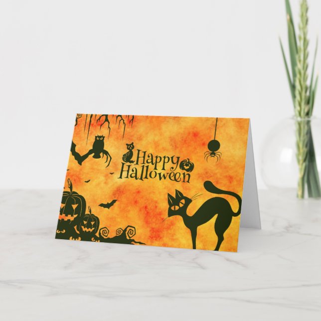Tarjeta Feliz gato negro de Halloween, búho, calabazas (Anverso)