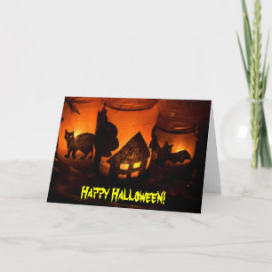 Tarjeta Feliz Gato Negro de Halloween, Casa de Bat Haunted