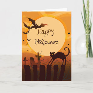 Tarjeta Feliz Gato Negro de Halloween y Bats