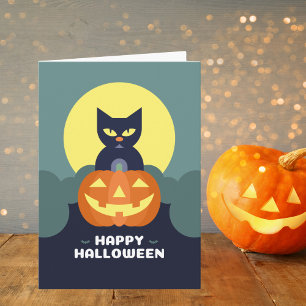 Tarjeta Feliz Gato Negro de Halloween y Calabaza