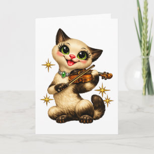 Tarjeta Feliz gato siamés tocando violín retro mediados de