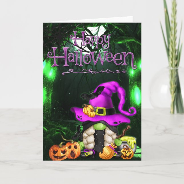 Tarjeta Feliz Gnome de la pequeña mujer de Halloween (Anverso)