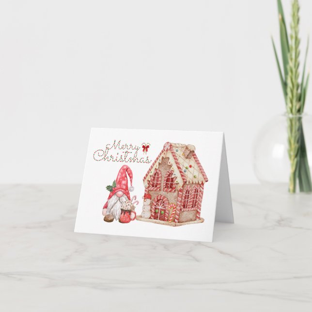 Tarjeta Feliz Gnome de Navidad y casa de Gingerbread (Anverso)