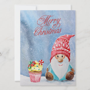Tarjeta Feliz Gnome de Navidad y pastel de Navidades